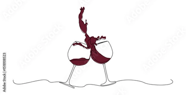 Fototapeta Elegant one line drawing of two wine glasses clinking with dramatic splash effect. Perfect for celebration themes, romantic occasions etc.