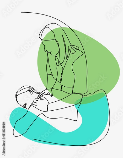 Fototapeta Minimalist one stroke line illustration depicts a spa therapist giving a massage to a client, complemented by calming green and blue abstract shapes.