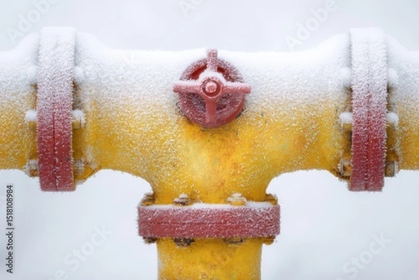 Fototapeta Frozen gas pipeline piping in winter, energy supply during difficult weather conditions