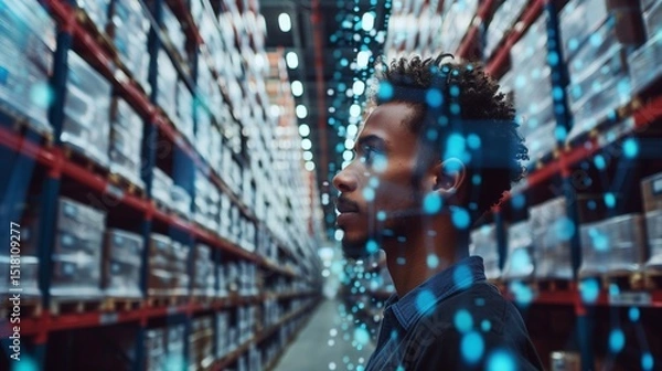 Fototapeta Image of financial data processing over biracial man working in warehouse. Global shipping, finance, business, connections, computing and data processing concept digitally generated image