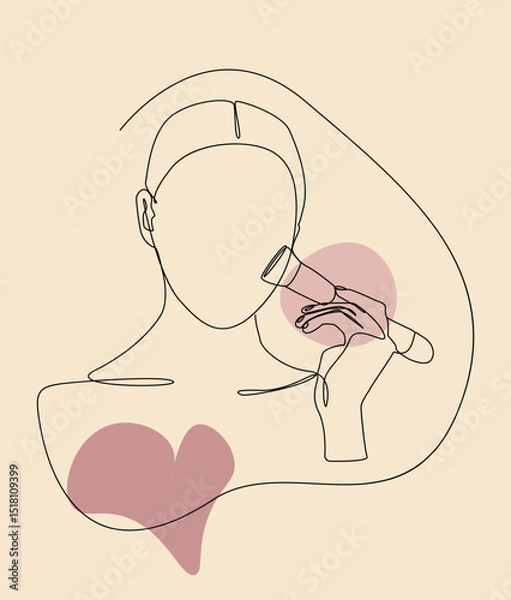 Fototapeta Modern minimalist single continuous line drawing of a woman holding a makeup brush, surrounded by soft heart shapes. beauty, skincare campaign, fashion editorial etc.