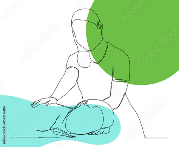 Fototapeta minimalist continuous single line depicting a massage or physical therapy session. touches of green and blue are soothing for health and healing.