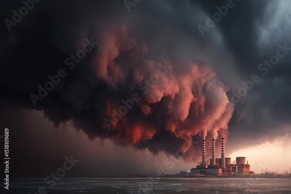 Fototapeta Dramatic shot of a working coal-fired power plant polluting the air with clouds of smoke from burning coal