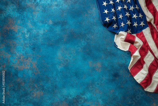 Fototapeta Top view of American flag on dark blue studio background with copy space