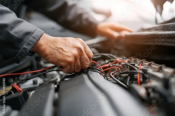 Fototapeta Automotive electrician working on wiring in engine compartment, close-up of hands holding cables