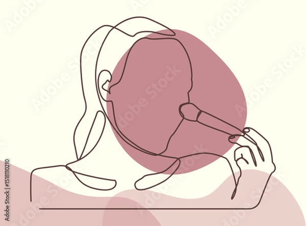 Fototapeta Minimalist single line illustration depicts a woman applying makeup using a makeup brush. Combining soft color elements, elegant, feminine, and modern nuances.