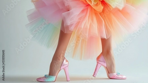 Fototapeta A woman's legs in pink high heels and a voluminous, multi-colored tulle skirt against a light grey background