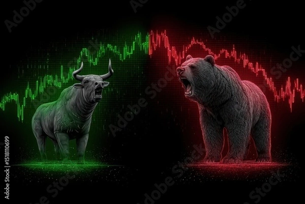Fototapeta Clash of bear and bull markets in financial markets symbolized by animals, with stock market charts in red and green in the background