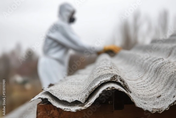 Fototapeta Worker in a special protective uniform removes old carcinogenic asbestos sheets from the roof