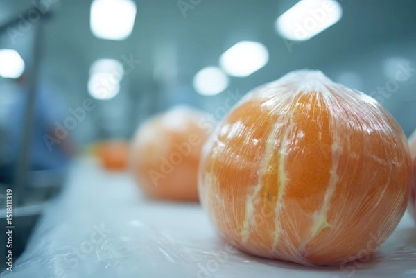 Fototapeta Overproduction of plastic used to wrap and package fruit in a factory on a production line