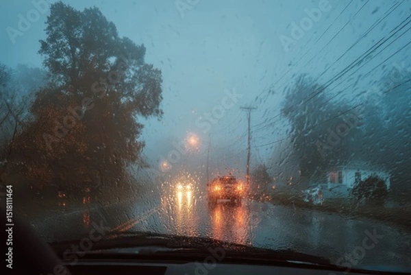 Fototapeta Poor visibility through the windshield of a car during rainy weather, windows covered with water causing danger on the road