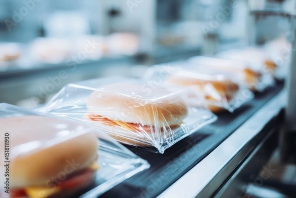 Fototapeta Sandwiches wrapped in foil on a conveyor production line, products ready for delivery to the store