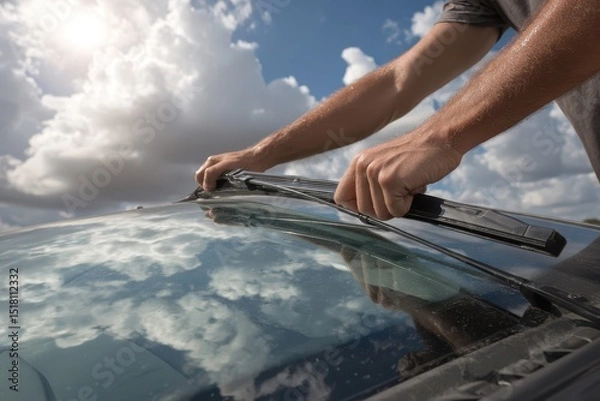 Fototapeta Replacing worn windshield wiper blades in a passenger car