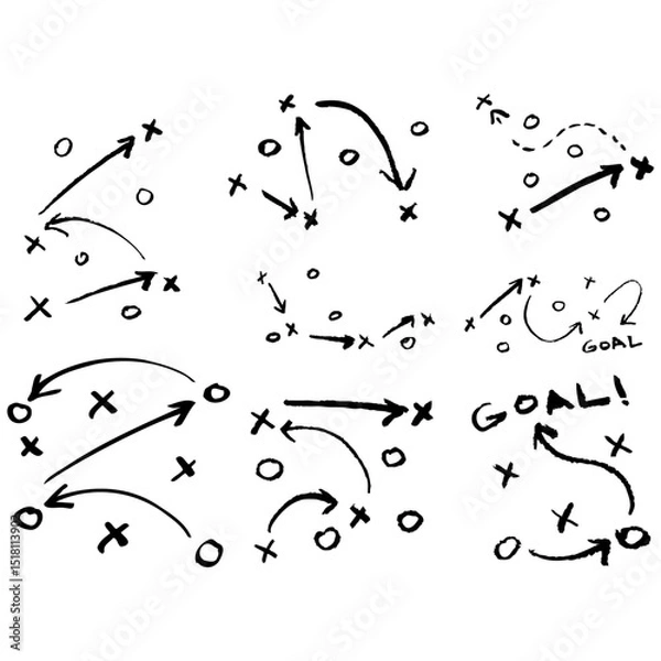Obraz Hand-drawn sports tactic layout with player positions and arrows. Set of Strategy diagram for teamwork.