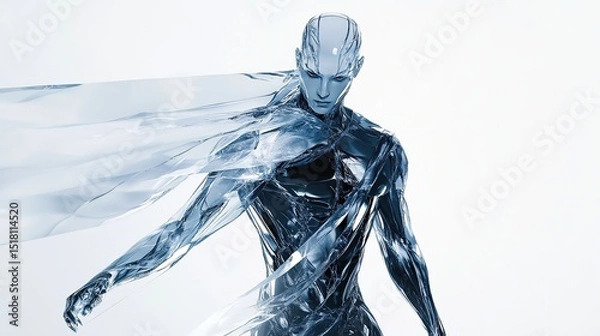 Fototapeta A humanoid figure rendered in a chrome blue, with a translucent blue fabric flowing from its shoulders, posed in a dynamic stance against a white background