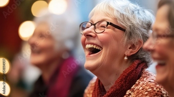 Fototapeta A group of seniors enjoys a light-hearted moment, sharing laughter and stories at a community center during a cozy evening event. The atmosphere radiates joy and connection