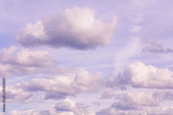Fototapeta Cumulus clouds forming in purple-blue sky. Cloudscape photography. Atmospheric observation and weather concept. Design for wallpaper, poster, banner, postcard. Sky view with copy space.