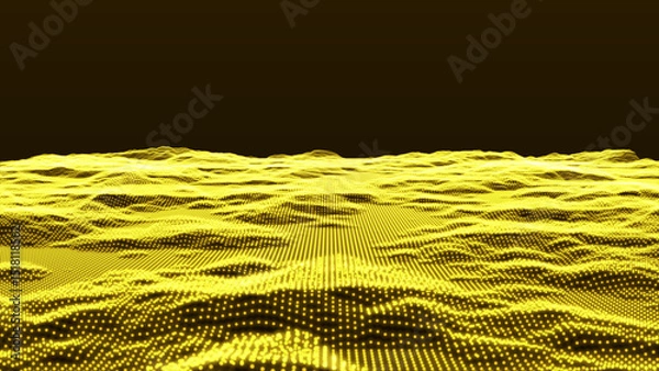 Fototapeta Futuristic abstract digital landscape - Yellow version and Retro land. Flying over data patterns, Abstract dot and lines technology background, Loopable