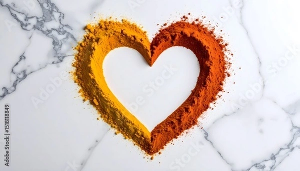 Fototapeta Turmeric and paprika powders are carefully arranged to form a heart shape on a white marble surface, symbolizing love for spices and healthy cooking overall.