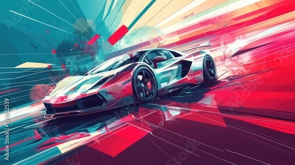 Fototapeta Fast sports car in vibrant abstract background.  Dynamic movement and powerful design