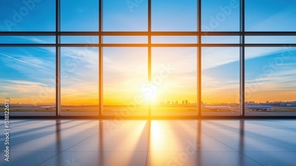 Fototapeta Sunrise view from a modern airport terminal window, overlooking airplanes and a distant city skyline.