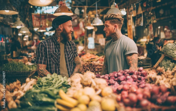 Obraz A photo of two men in their thirties, one with tattoos and the other wearing jeans, standing at an old-fashioned market stall surrounded by fresh produce such as vegetables, fruits, and herbs.