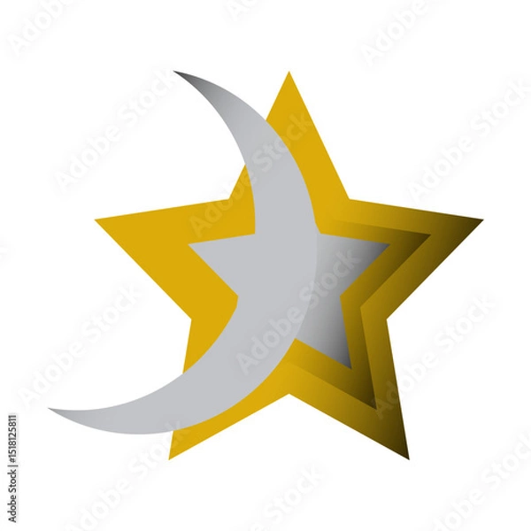 Obraz Golden volumetric star with silver moon and gradient, logo, icon - vector color flat illustration, design element