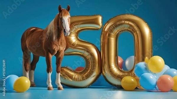 Obraz Ein Pferd neben einer goldenen 50, vor einem blauen Hintergrund.