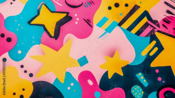 Obraz Playful Abstract Artwork with Yellow Stars and Bright Geometric Shapes