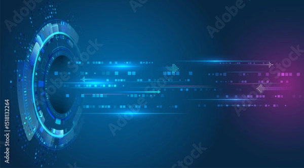 Obraz Futuristic background with glowing circle elements, binary code and moving arrows. Ideal for topics related to cybersecurity, innovation, data processing and high-tech solutions.