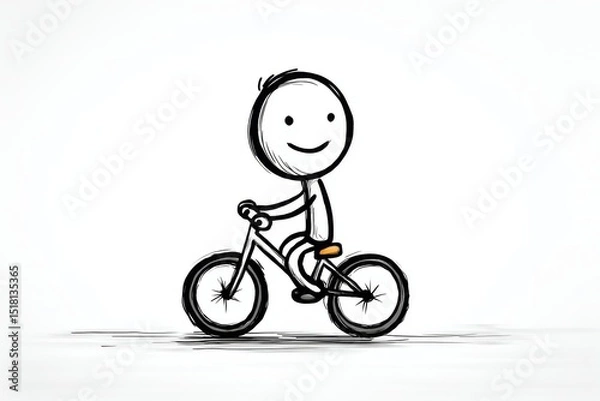 Fototapeta Stick figure riding a bicycle happily during a sunny day in a simple, creative style
