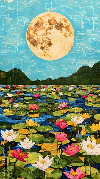 Obraz Colorful Lotus Pond Scene Under Moonlight