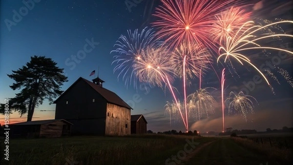 Fototapeta Vibrant fireworks explode over a classic, rural barn during a festive evening celebration.
