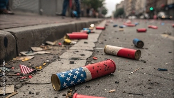Fototapeta Firework casings scattered on a city street, showcasing patriotic colors and celebration aftermath.