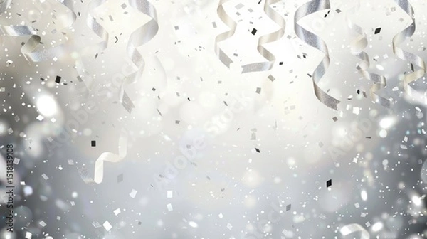 Obraz White ribbons and confetti falling with sparkles on light blue celebration background and free place for text. New Year, Christmas, birthday, holiday banner