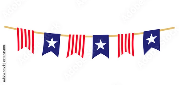 Fototapeta USA flag bunting garland decoration with stars and stripes design. Clipart image isolated on background.