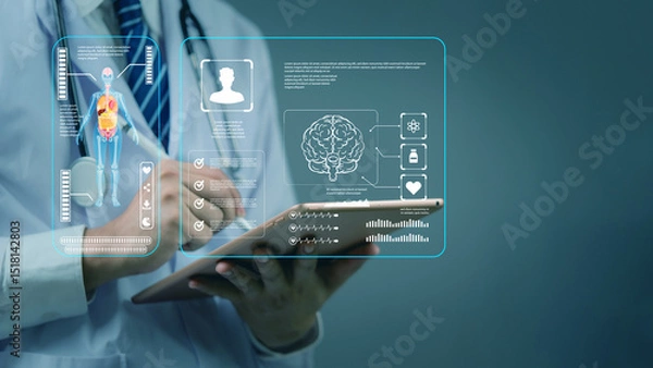 Fototapeta doctor using tablet with digital human anatomy and brain interface, smart healthcare, AI diagnosis, and future medical innovation technology. health check concept.