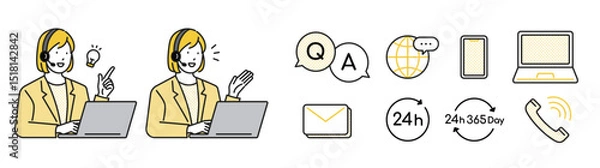 Obraz イラスト素材：多言語対応コールセンターの案内スタッフとアイコンのセット