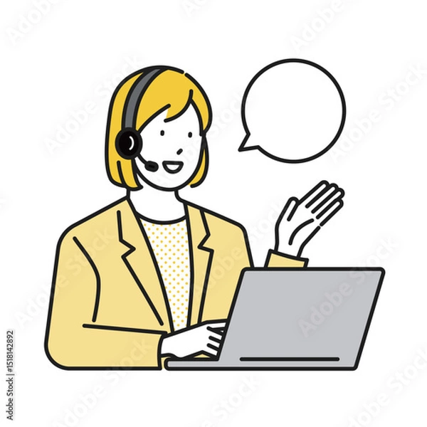 Obraz イラスト素材：インカムをつけた女性のリモート接客、オペレーター、コールセンター