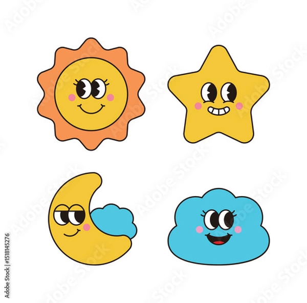 Fototapeta Adorable cartoon sun, moon, star, and cloud characters with cute faces, big eyes, and cheerful expressions. Perfect for kids' content, educational designs, and nursery decorations.