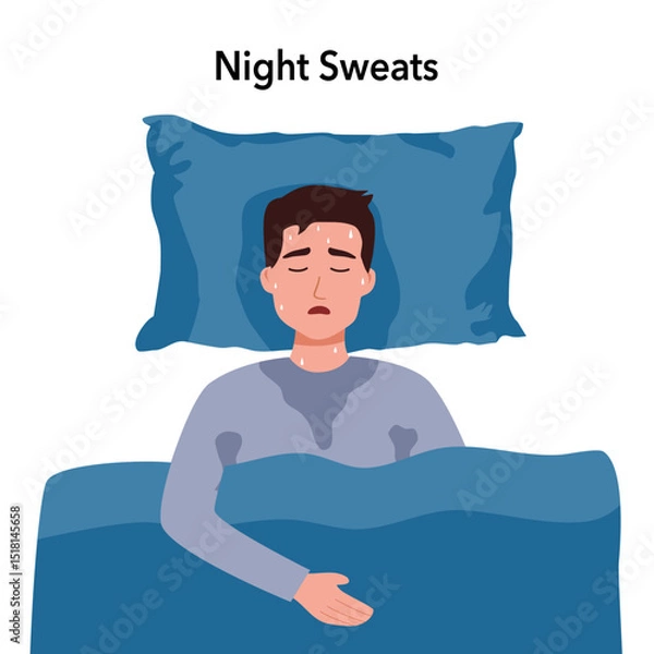 Obraz Vector illustration of a character lying in bed with flu symptoms. The man woke up with profuse sweating. Symptoms of a cold, diabetes, thyroid disease, cancer. Illustration for medical posters.