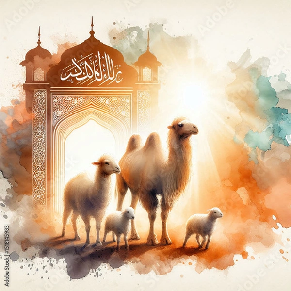 Fototapeta Eid al-Adha Celebration with Camel and Sheep