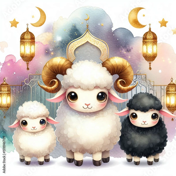Fototapeta Eid al-Adha Celebration Cute Sheep with Lanterns and Crescent Moons
