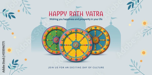 Fototapeta Jagannath Puri Rath Yatra. Festive paper cut style banner with decorative wheels and silhouettes of chariots