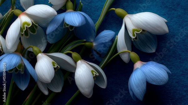 Obraz Snowdrops arranged in a creative layout on blue, symbolizing spring's delicate beauty and renewal.