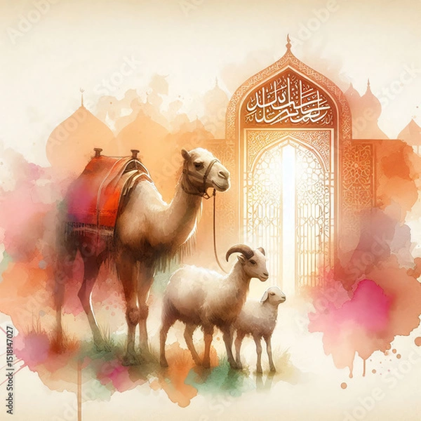 Fototapeta Eid Mubarak Watercolor Painting with Camel and Goats