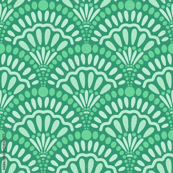 Fototapeta Scallop shape dotted seamless pattern in green colors. Monochromatic dots in hand drawn repeat endless background. Raster illustration for fabric, packaging, textile, apparel, wallpaper