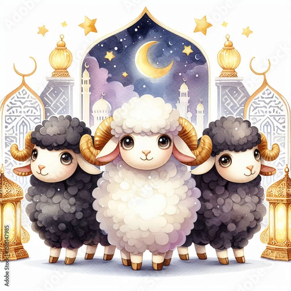 Fototapeta Watercolor illustration with Eid al-Adha theme, depicting three cute sheep with warm expressions and large curved horns. The white sheep in the middle looks radiant with soft color accents that blend 