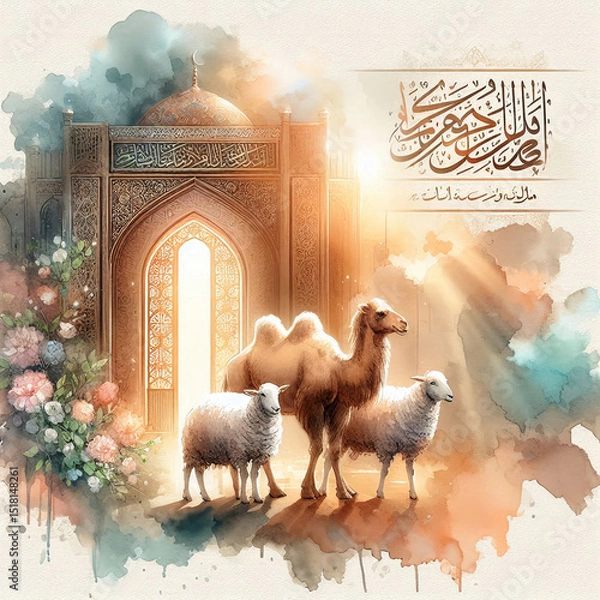 Fototapeta Eid al-Adha Celebration Mosque, Camel, and Sheep in Watercolor
