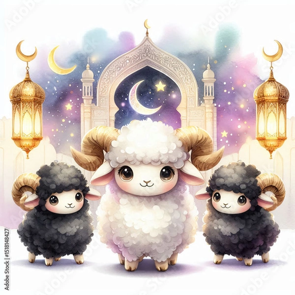 Fototapeta Eid al-Adha Celebration with Cute Rams and Mosque